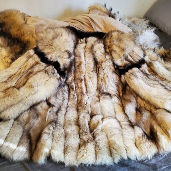 Genuine Blue Fox Fur Coat with Black Dyed Collar